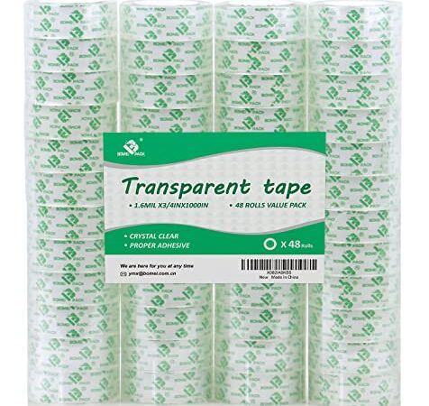 Crystal Clear Transparent Stationery Tape Refills Rolls for Dispenser, 48 Rolls Value Pack, 3/4 in x 1000 in,1 inch Core, Gift Wrapping Tape for Office, School and Home, BOMEI PACK