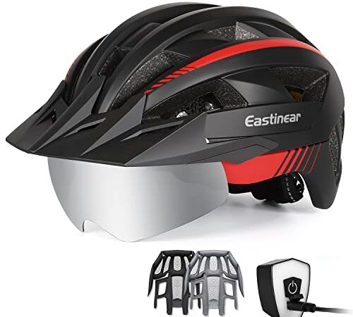 EASTINEAR Adults Bike Helmet with Magnetic Goggle Bicycle Helmet with USB Rechargeable LED Light for Men Women Cycling Helmet with Removable Sun Visor Adjustable Size (M: 54-58 cm, Black Red)