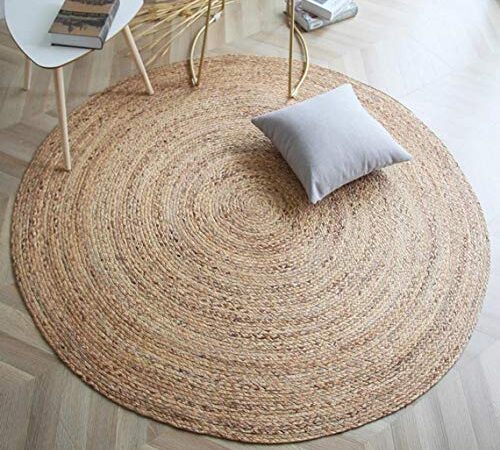 Fernish Décor Handwoven Jute Area Rug, Natural Yarn, Rustic Vintage Braided Reversible Rug, Eco Friendly (3 Feet, Round)
