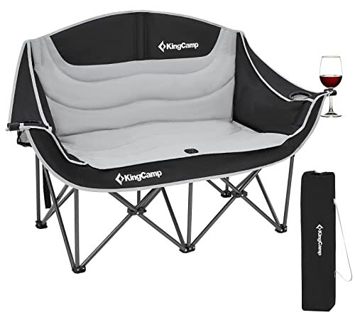 KingCamp Double Camping Chair Loveseat Heavy Duty for Adults Two Person Outdoor Folding Chairs with Cup Holder Wine Glass Holder Support 441lbs for Outside Picnic Beach Travel(Black/Grey)