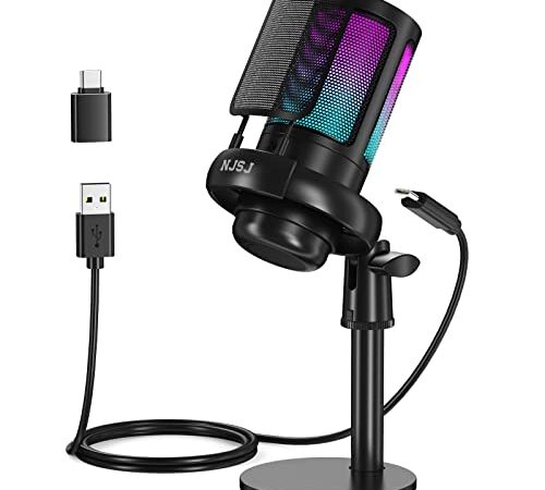 NJSJ USB Microphone for PC, Gaming Mic for PS4/ PS5/ Mac/Phone,Condenser Microphone with Touch Mute,Brilliant RGB Lighting,Gain knob & Monitoring Jack for Recording,Streaming,Podcasting,YouTube