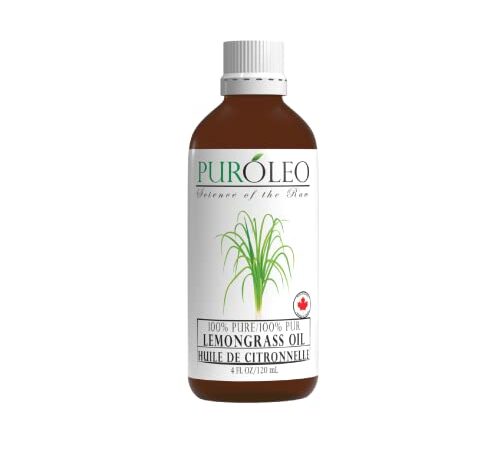 PUROLEO Lemongrass Essential Oil 4 Fl Oz/120 ML (MADE IN CANADA) for Aromatherapy and Skin Care - 100% Pure, Therapeutic Grade Lemongrass Oil for Diffuser, Massage, and DIY Recipes - Refreshing and Uplifting Citrus Scent