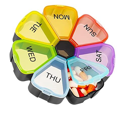 Qeedee Weekly Pill Organizer, Large Daily Pill Case Portable Travel 7 Day Pill Box Dispenser with Large Compartments for Pills Vitamins Fish Oil, Rainbow Color