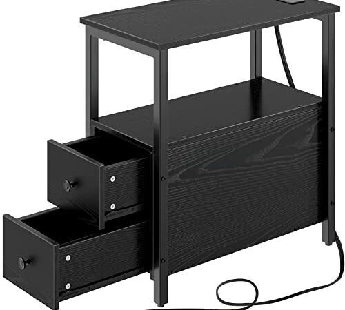 Rolanstar End Table with Charging Station, Narrow Side Table with 2 Wooden Drawers and USB Ports & Power Outlets, Nightstand Sofa Table for Small Spaces, Living Room, Bedroom, Black