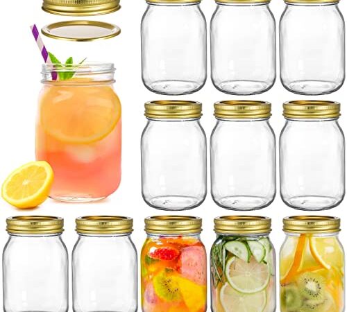 Tebery 12 Pack Glass Regular Mouth Mason Jars, 16Oz Clear Glass Jars with Gold Metal Lids for Sealing, Canning Jars for Meal Prep, Jam, Honey, Wedding Favors, Shower Favors, DIY