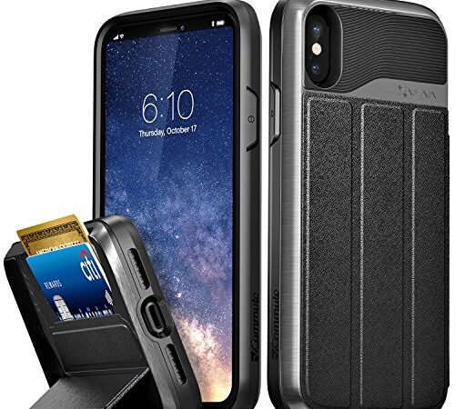 Vena Wallet Case Compatible with iPhone Xs and iPhone X, vCommute (Military Grade Drop Protection) Flip Leather Cover Card Slot Holder with Kickstand (Space Gray and Black)
