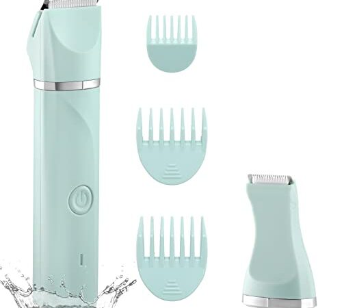 Waterproof Bikini Trimmer Women Electric Razor for Bikini Legs Pubic Hair Rechargeable Electric Shaver for Women Hair Removal with Snap-in Ceramic Blades IP7X Washable Head,Wet and Dry Use, Green