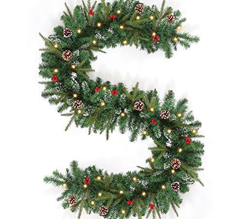 WBHome Pre-lit 9 Feet/106 Inch Christmas Garland with 50 LED Lights, Frosted Snowy White with Pinecones and Red Berries Holiday Decorations, Battery Operated (Batteries NOT Included)