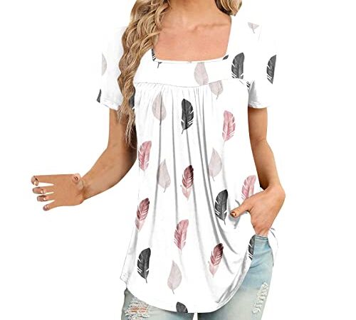 Womens Square Neck Tops Hide Belly Tunic Tees Summer Short Sleeve Blouse Flowy Pleated T-Shirt Casual Loose Floral T-Shirts